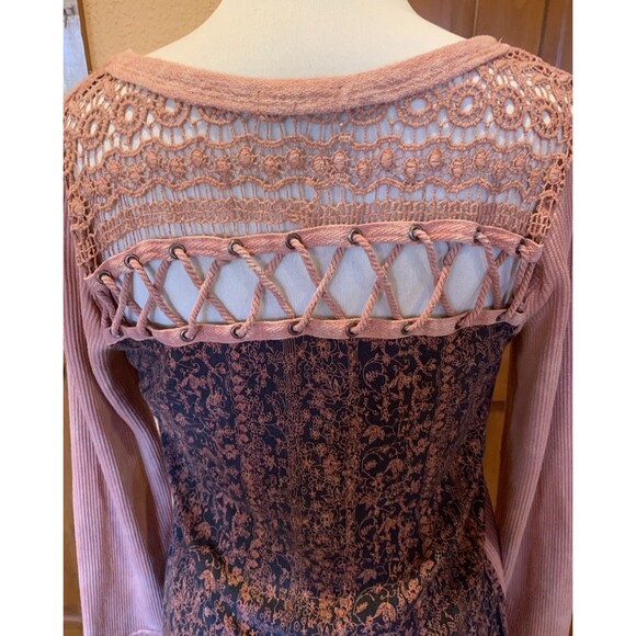 Vtg 90’s Gimmicks By BKE Pink Shirt Top Crochet Mixed Print Thermal Boho Small - Picture 3 of 15